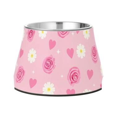 Imagem de Burbuja Tigela de aço inoxidável para comida e água para cães Pink Roses, antiderrapante para cães médios e gatos, 590 ml