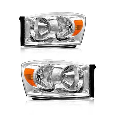 Imagem de AXLAHA Compatível com Dodge 2006 2007 2008 2009 Ram 1500/2500/3500 cromado farol refletor âmbar substituição esquerda + direita 06-09 Ram farol (não inclui lâmpadas)