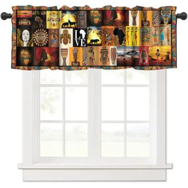Imagem de SHElifestyle Cortinas de saia africana, estilo étnico africano, menina negra, áfrica, totem nativo, elefante, girafa, leão, tradicional, cortina de janela, sanefa para cozinha, sala de jantar, sala de