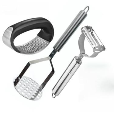 Imagem de Kit 3 Utensílios para Cozinha Inox – Triturador de Alho, Cortador de Legumes e Amassador de Batata