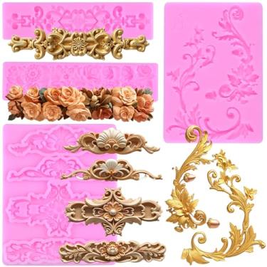 Imagem de MIYAHOUSE Escultura barroca em relevo moldes de fondant moldes de silicone para decoração de bolo topo de cupcake pasta de goma de chocolate argila polímero conjunto de 4