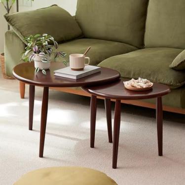 Imagem de Conjunto de 2 mesas de centro de assento, mesa lateral de sofá empilhável de madeira para sala de estar, escritório, 2 peças de madeira maciça, mesas de centro para sala de estar e quarto (cor