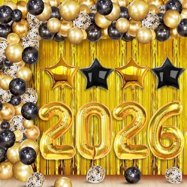 Imagem de KatchOn, Artigos de festa de ano novo 2026 - conjunto enorme pacote com 86 | Kit de arco de balões preto e dourado 2026 com pano de fundo de cortina de franja dourada | Decorações de feliz ano novo