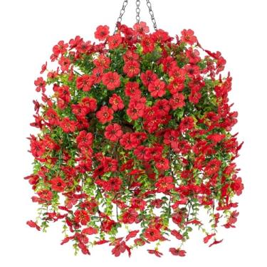 Imagem de Ammyoo Plantas artificiais falsas para pendurar com cesta para decoração de primavera ao ar livre, margarida de seda sintética, resistente a UV ao toque real, para varanda externa, pátio, jardim,