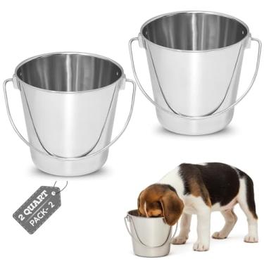 Imagem de AASPIRE PETS Balde redondo de aço inoxidável resistente de 2 litros com alça | Serve para gaiola de canil Critter Crates Farm | Balde de comida e água para animais de estimação pequenos, pássaros
