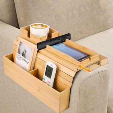 Imagem de Bandeja de braço de sofá de bambu, bandeja dobrável 2 em 1 para apoio de braço para sofá com suporte de copo deslizável, suporte de sofá antiqueda para bebidas, copos, telefone, lanches, controle