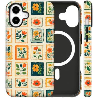 Imagem de flewfun Capa magnética para iPhone 16 com estampas florais fofas, à prova de choque e TPU (poliuretano termoplástico) e capa protetora rígida de policarbonato compatível com MagSafe presente para