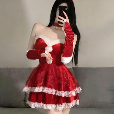 Imagem de Conjunto de lingerie de coelhinho sexy plus size uniforme de empregada com acessórios de Natal, fantasia multiestilo para casais, bordô, tamanho único