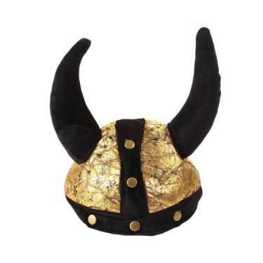 Imagem de Chapéu de capacete Viking dourado e tecido preto para adultos e crianç