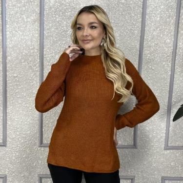 Imagem de Blusa Feminina Tricô Manga Longa Crochê Macia Look Moderno Inverno Cas