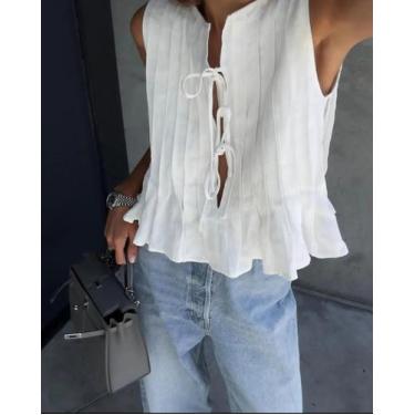 Imagem de Blusa Feminina Branca Sem Mangas - Algodão, Linho, Plissada com Detalh