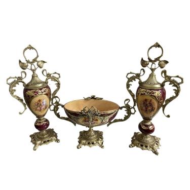 Imagem de Jogo de Porcelanas Ânfora + Centro de Mesa Vermelho e Dourado Pintados à Mão 51x26x15cm e 32x36x20cm