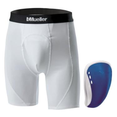 Imagem de MUELLER Shorts de suporte atlético com bojo FLEXSHIELD, branco/azul, juvenil regular, 58310