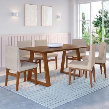 Imagem de Conjunto de Mesa de Jantar Retangular com Tampo Madeira Carter e 6 Cadeiras Biena Algodão Bege e Nogueira