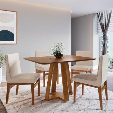 Imagem de Conjunto de Mesa de Jantar Retangular com Tampo Madeira Frame e 4 Cadeiras Biena Algodão Bege e Nogueira