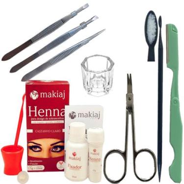 Imagem de Kit Sobrancelha Makiaj Henna com Fixador Rena + Navalha E Tesoura + 3 