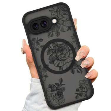 Imagem de AIGOMARA Capa para Google Pixel 9a [compatível com MagSafe] Design com estampa floral de flor preta para mulheres e meninas, capa magnética fina de poliuretano termoplástico macio com policarbonato