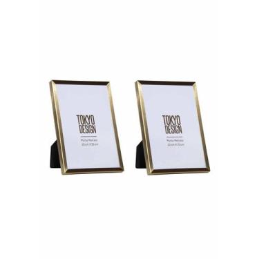Imagem de Kit 2 Porta Retrato Metal Vidro 10x15 Moldura Dourado Fosco - Tokyo De