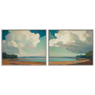 Imagem de Stupell Industries Conjunto de arte giclée emoldurado cinza com nuvens sobre cenas de praia por Elara Yasna, 76 x 61 cm