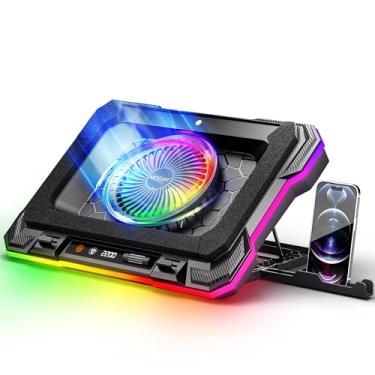 Imagem de MOOJAY Base de resfriamento para laptop potente ventilador turbo RGB Gaming Notebook Cooler, suporte de resfriamento de ventilador de laptop com 8 alturas ajustáveis e suporte de telefone, para