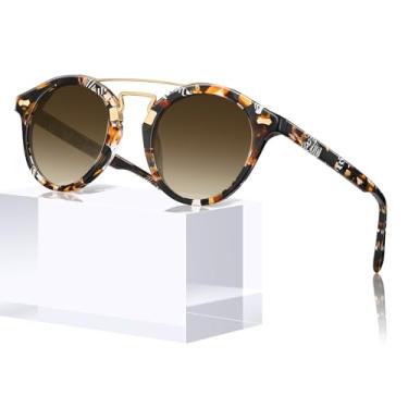 Imagem de CARFIA Óculos de sol com ponte dupla de acetato de rosto pequeno, proteção UV polarizada, óculos escuros redondos de metal retrô, 3. Armação de tartaruga marrom, lente marrom gradiente, One Size