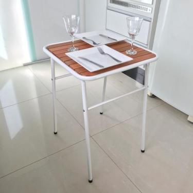 Imagem de Mesa Branca Pequena P/ Cozinha De Apartamento Tampo Madeira - MetalCro