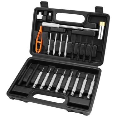 Imagem de HORUSDY Conjunto durável de 22 peças de punção e martelo de armeiro, conjunto de perfuradores de rolo de aço, kit de ferramentas de perfuração com martelo facial substituível para manutenção, com