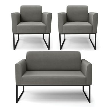 Imagem de Sofá Namoradeira Com 2 Poltronas Base Industrial Preto Marisa Suede Cor Grafite
