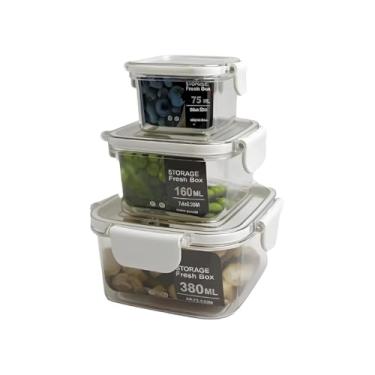 Imagem de Kit 3 Potes Hermético Quadrado Plástico Transparente 380ml/160ml/75ml Tampa c/Trava de Segurança, Organizador de Alimentos, Porta Mantimentos Empilháveis, Reutilizáveis e Atóxico Livre BPA