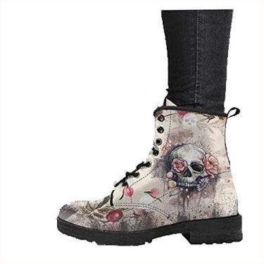 Imagem de Bigfanshu Bota feminina com estampa digital outono feminina de cano alto com estampa de caveira 2020 botas de trabalho de poliuretano britânicas moda feminina para uso ao ar livre botas de combate acima do joelho, Branco, 34 BR