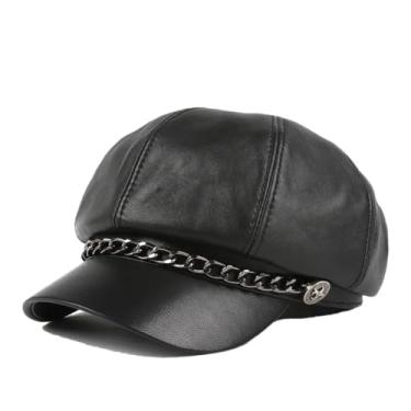Imagem de Chapéu feminino octogonal de inverno britânico retrô boina de couro genuíno mujer flores gorros de corrente dourada, Estilo preto 1, 59 60cm