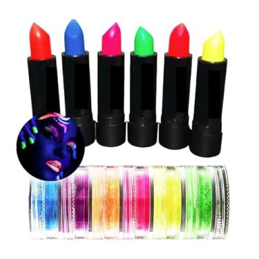 Imagem de Kit Maquiagem Neon Luz Negra: 6 Batons Sortidos + 6 Pigmentos Coloridos - Maquiagem Carnaval Festa Balada Halloween
