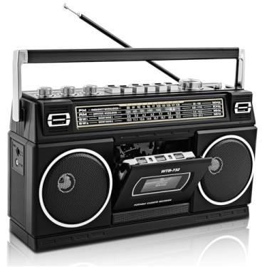 Imagem de WISCENT Boombox vintage clássico dos anos 80, leitor de cassete com Bluetooth, rádio AM/FM/SW, alto-falantes estéreo de 24 W, compartimentos para cartão USB/SD, conector de fone de ouvido, preto