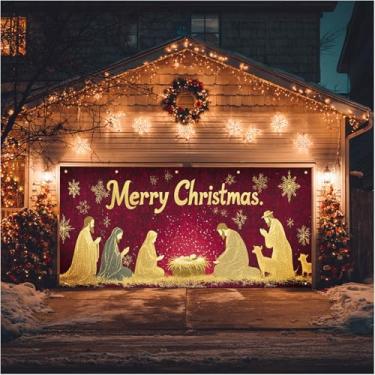 Imagem de HOMETITUTE Feliz Natal, faixa para porta de garagem, 4 x 1,8 m, tema de presépio dourado com glitter, pano de fundo, decoração de férias, faixa de cobertura de porta de inverno para cobertura de