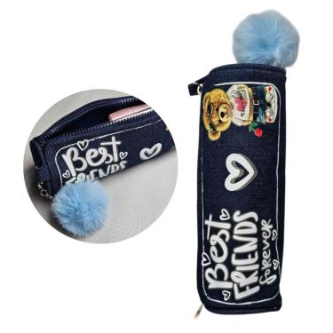 Imagem de Estojo Necessaire Jeans Azul com Pompom Escolar Volta as Aulas Organizador Fofo Temático Lápis