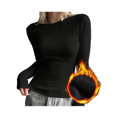 Imagem de Camiseta Feminina Slim De Manga Longa Preta Com Decote Redondo, Tops B