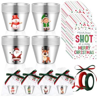 Imagem de Widecook Conjunto de 24 copos de shot de Natal, lembrancinhas de festa de Natal para convidados 59 ml, copos de uísque de aço inoxidável com etiqueta, cartões, sacos de petiscos, fitas, presentes de