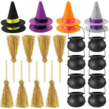 Imagem de 24 Pcs Halloween Mini Witch Hats, Mini Broom, Candy Cauldron Kettles, Halloween Decorations Witch Craft Miniatures Wizard Accessory for Halloween, St Patrick's Day, Wizard Theme Party Decorations