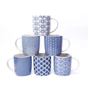 Imagem de MACHUMA Conjunto de 6 Canecas de Cerâmica com Padrões Geométricos Azuis e Brancos, 340 ml, Perfeito para Café, Chá ou Bebidas Quentes