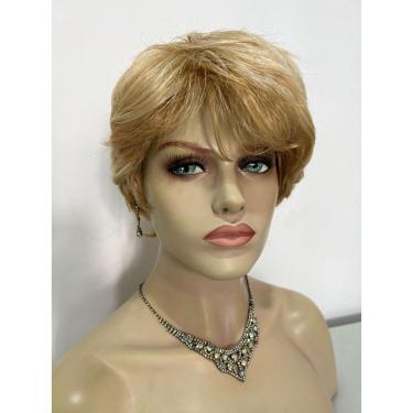 Imagem de Peruca curta loira claro com franja e mechas unissex premium