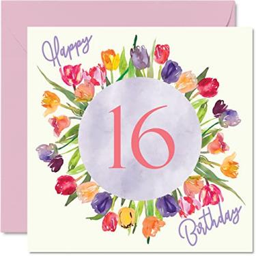 Imagem de Lindos cartões de aniversário de 16 anos para mulheres - buquê de flores de tulipas em aquarela - cartão de feliz aniversário para sua filha, neta irmã, presentes de aniversário, 14 x 14 cm, lindo presente floral cartões de felicitações