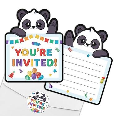 Imagem de REWIDPARTY Convites de aniversário infantil panda com envelopes e adesivos (conjunto de 15) Convites de preenchimento em forma de tema panda cartões de convites de feliz aniversário coloridos