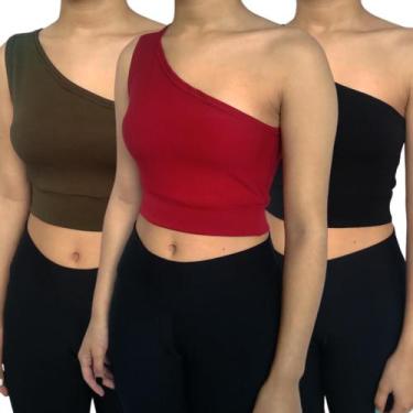 Imagem de Kit 3 Tops Croppeds Femininos Regata Um Ombro Só Cores Sortidas Malha 