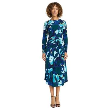Imagem de Maggy London Vestido feminino com cintura franzida, gola redonda, manga comprida, assimétrico, comprimento médio, elegante, vestido de convidada para casamento, Azul-marinho/azul-petróleo, 44