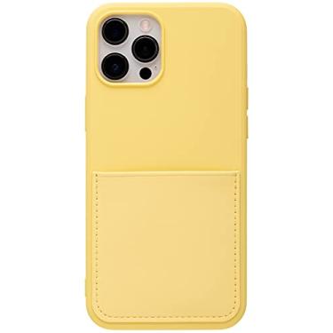 Imagem de Stephanie Imports Capa de telefone de silicone forrada de feltro amarelo com bolso frontal costurado para iPhone 12 e 12 Pro + protetor de tela de vidro temperado