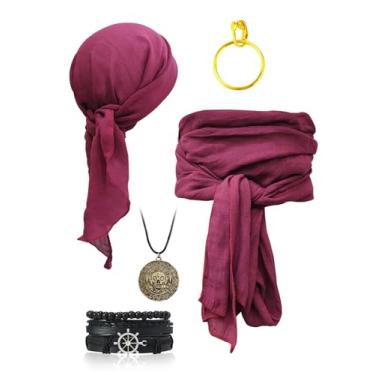 Imagem de Verceco Conjunto de acessórios masculinos de fantasia de pirata para mulheres, bandana para cabeça, cachecol, faixa, cinto, joias de pirata, 5 peças, Vinho tinto, Tamanho Único