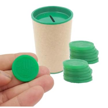 Imagem de Conjunto 6 Cofres 6x10cm + 60 Moedas de Mentira Brinquedo Educativo Kit Prendas Lembrancinhas Mimos Moedinhas (Verde)