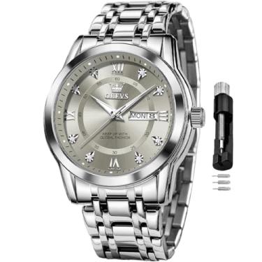 Imagem de OLEVS Relógio masculino clássico para negócios, analógico, quartzo, aço inoxidável, à prova d'água, luminoso, data, diamante, masculino, prata, relógios prateados cinza, relógio masculino
