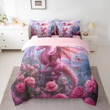 Imagem de Jogo de edredom King com dragão ocidental, 7 peças, decoração de quarto com borboleta, flores rosa, castelo de princesa, animal, edredom com edredom, plano, lençol com elástico, fronhas, fronhas
