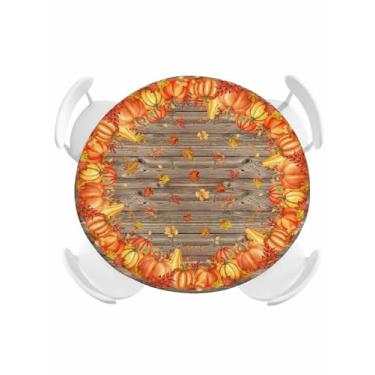Imagem de Toalha de mesa redonda de abóbora laranja de outono de Ação de Graças, abóboras, prancha de madeira marrom, toalha de mesa elástica, impermeável, à prova de óleo, serve para mesas redondas de 91,4 a